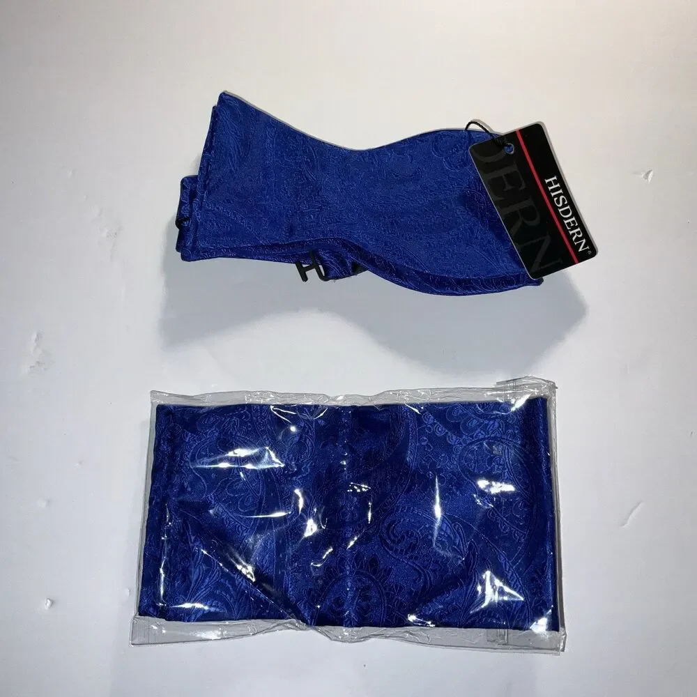 Hisdern Men Royal Blue BUTTERFLY Bow tie &Pocket Square Handkerchief Set New
